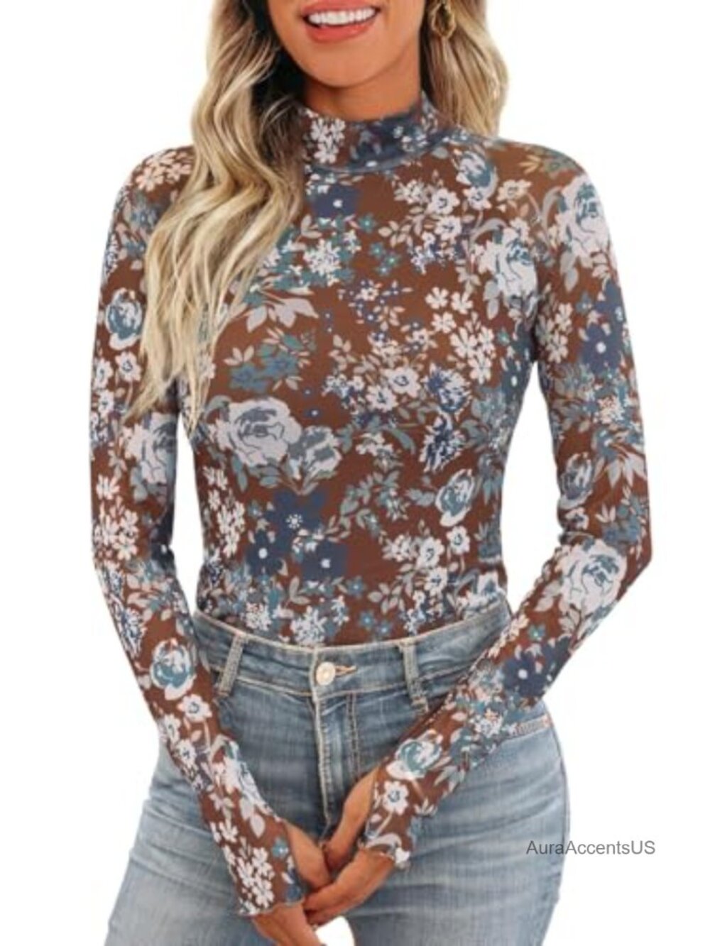 Women's Sheer Floral Mesh Long Sleeve Mock Neck Top